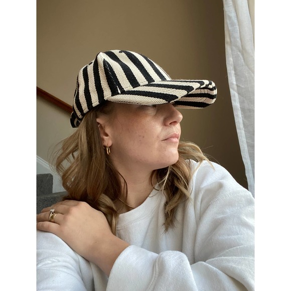 Tan/Black striped burlap hat, adjustable OSFM - Picture 9 of 9